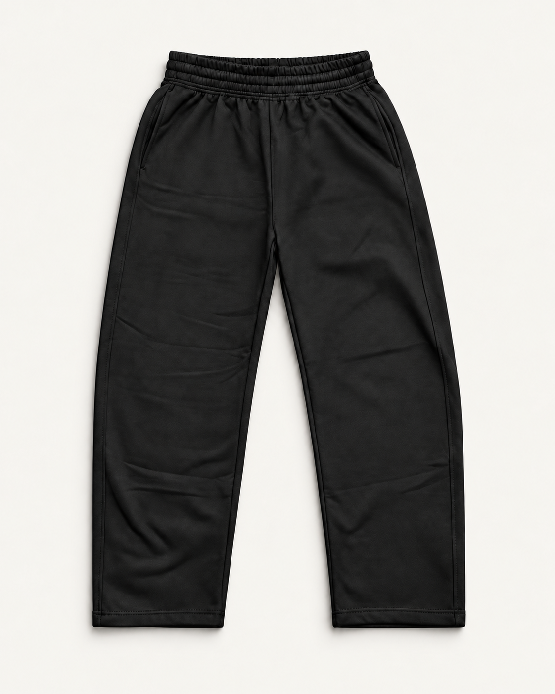 Black Unmarked Sweatpants, full garment front view; edited representation with exterior embroidery removed