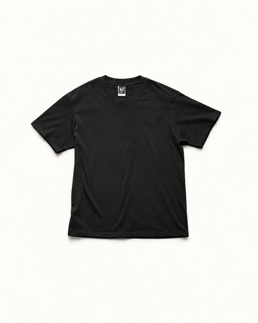 Black SJ Goods Tee — front; refined warm-neutral product presentation