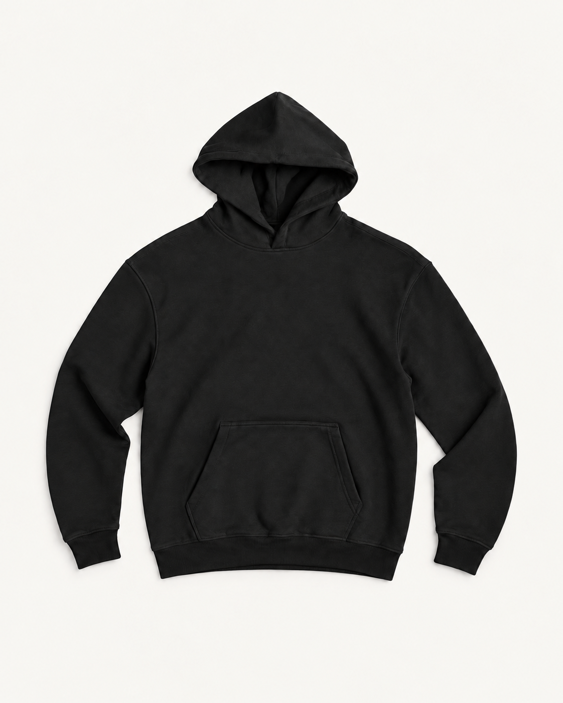 Black Unmarked Hoodie, full garment front view; edited representation with exterior embroidery removed