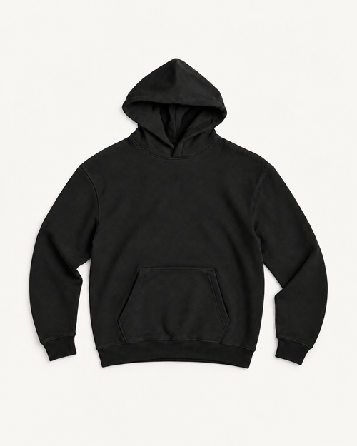 Black Unmarked Hoodie, full garment front view; edited representation with exterior embroidery removed