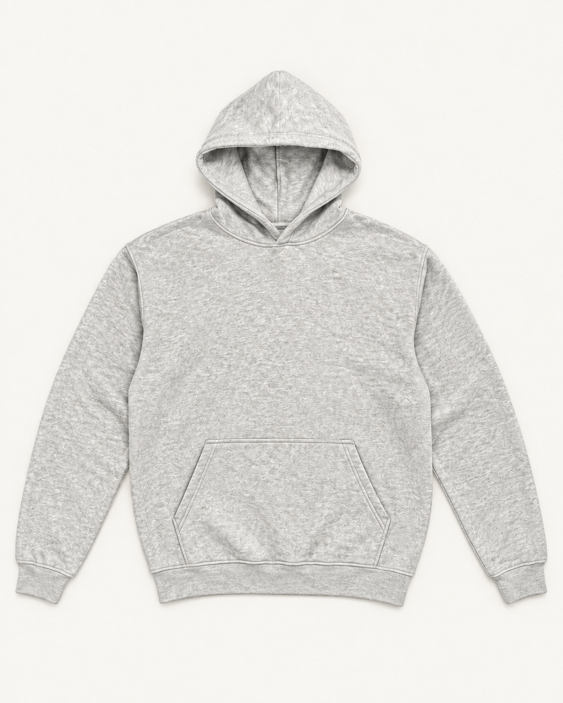 Gray Unmarked Hoodie, full garment front view; edited representation with exterior embroidery removed