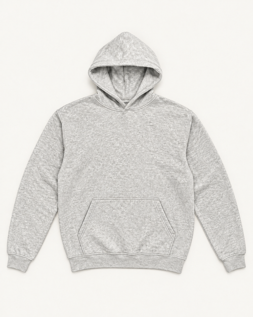 Gray Unmarked Hoodie, full garment front view; edited representation with exterior embroidery removed